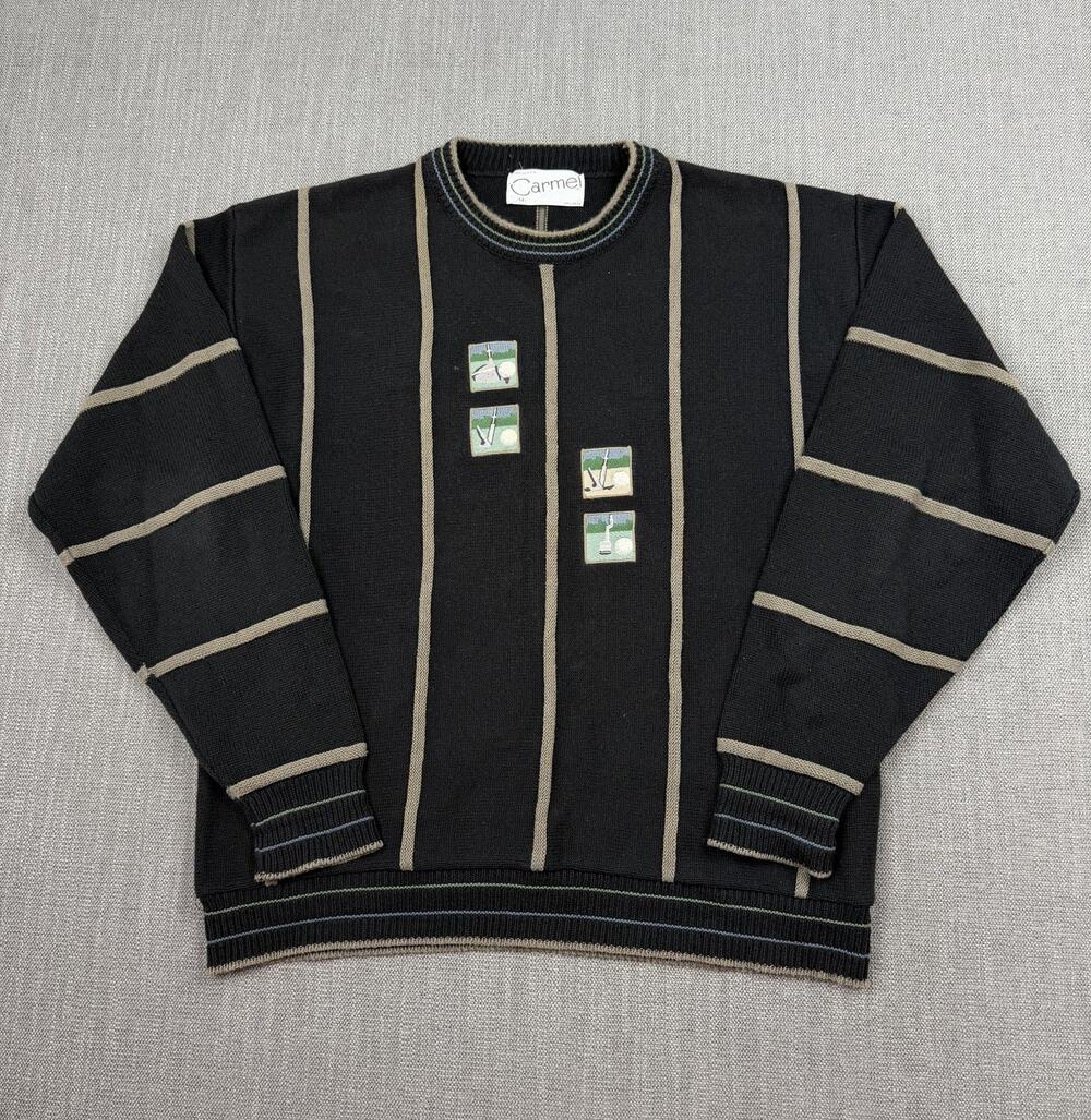 Vintage Carmel Golf Sweater Mens M Black Striped Made USA Embroidered Cotton